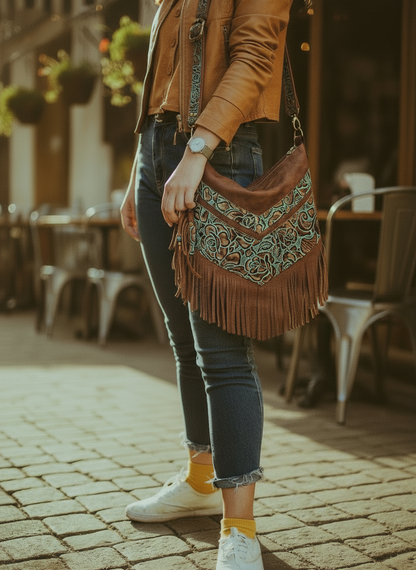 Tooled turquoise and brown Leather Fringe Bag