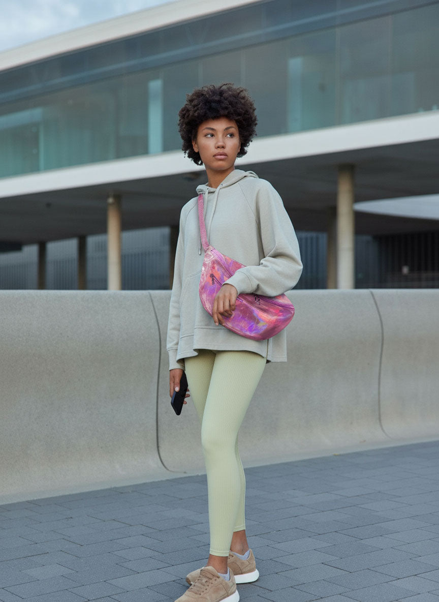 Holographic Pink Oversized Sling bag, travel bag, backpack, cycling bag, genuine leather