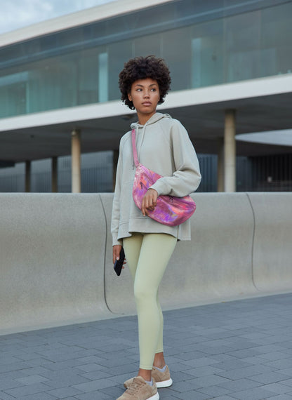 Holographic Pink Oversized Sling bag, travel bag, backpack, cycling bag, genuine leather