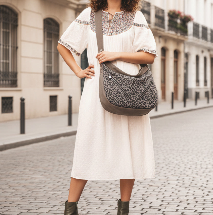 Tooled Taupe Leopard Print Leather Hobo Bag in 2 sizes