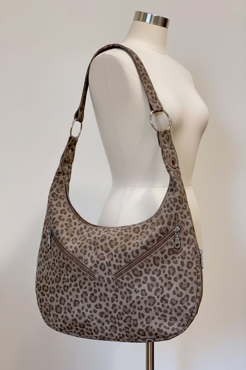 Tooled Taupe Leopard Print Leather Hobo Bag in 2 sizes