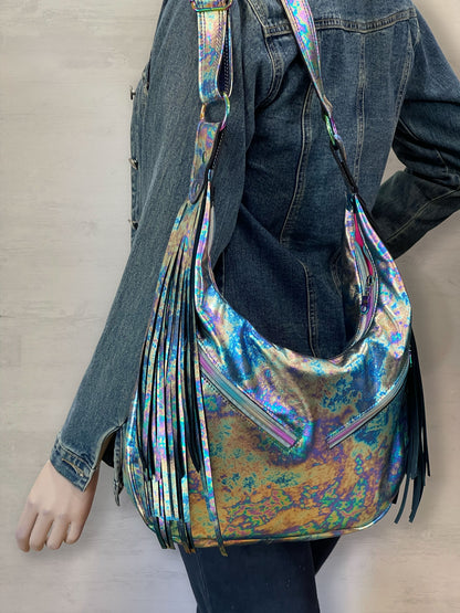Oil Slick Metallic Leather Fringe Hobo Bag