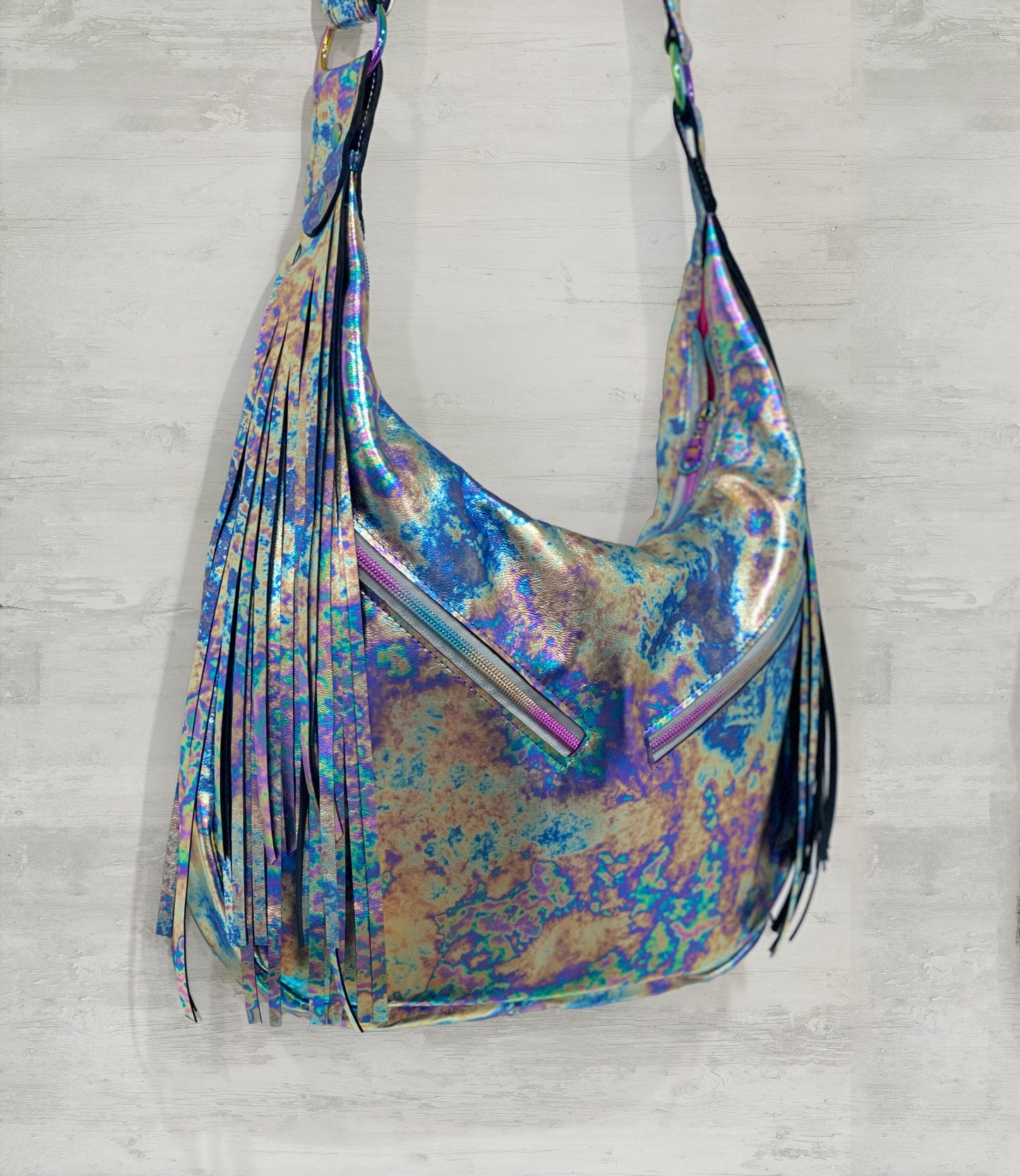 Oil Slick Metallic Leather Fringe Hobo Bag