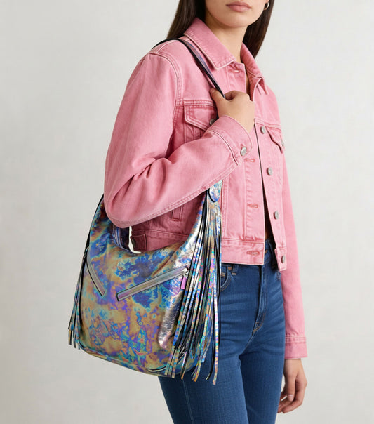 Oil Slick Metallic Leather Fringe Hobo Bag