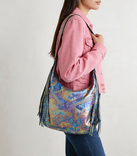 Oil Slick Metallic Leather Fringe Hobo Bag