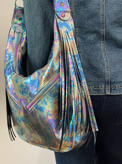Oil Slick Metallic Leather Fringe Hobo Bag