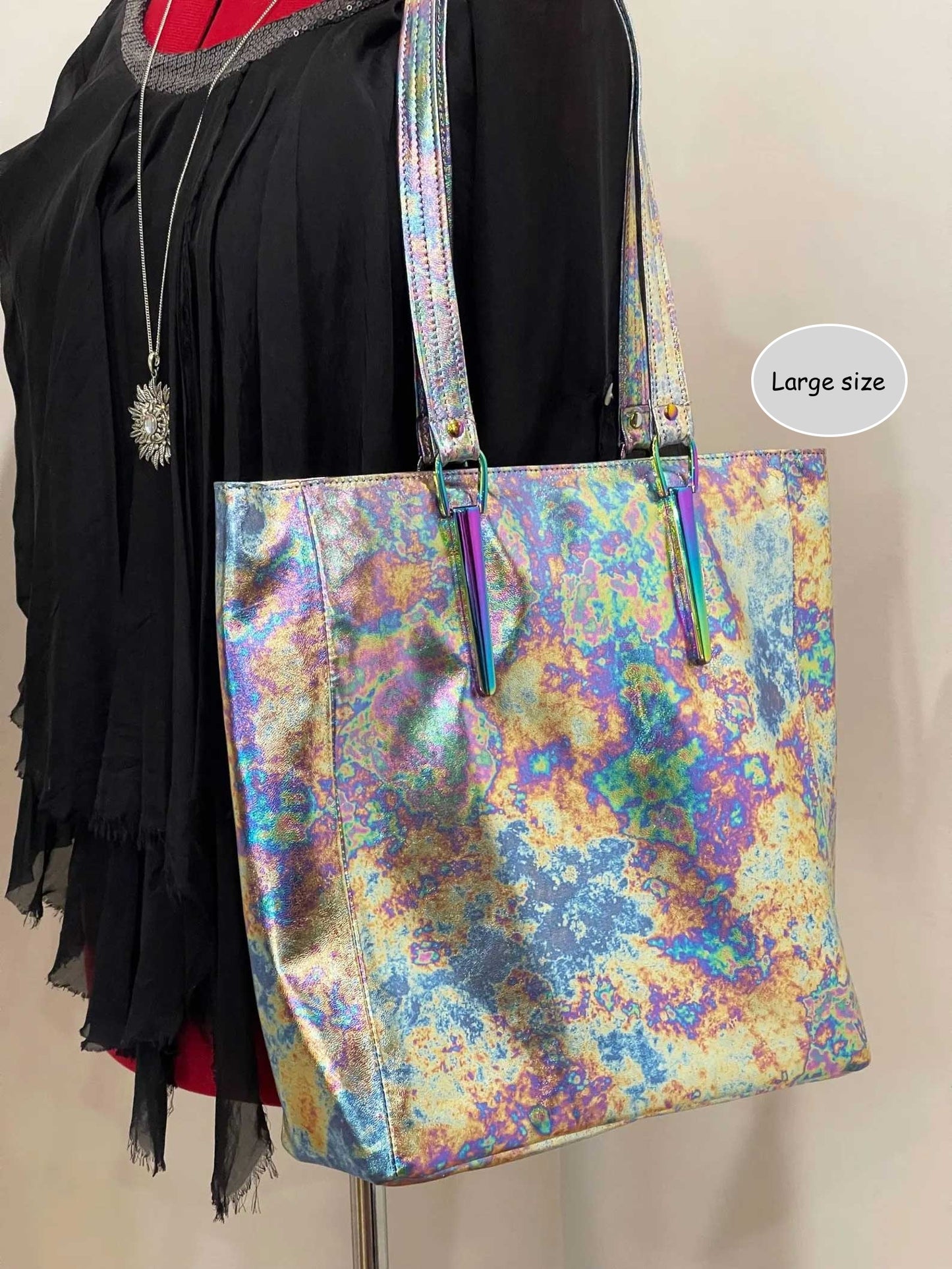 Multicolored tie-dye tote bag with rainbow hardware