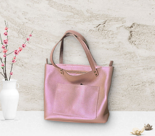 pearlised pink leather tote with zipper closure and outside slip pocket