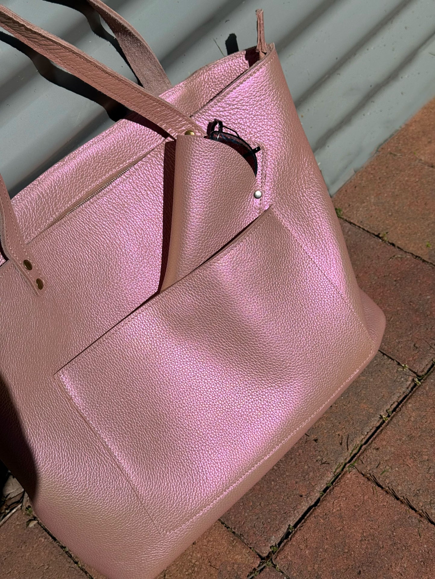 Pearlized Pink Leather Tote, inside zipper leather pocket, leather sunglass case, outside pocket IN STOCK