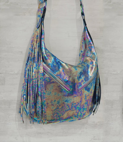 Oil Slick Metallic Leather Fringe Hobo Bag