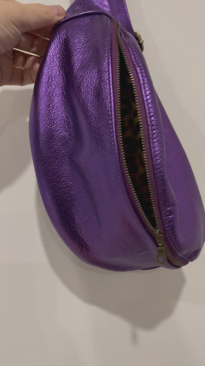 Large Metallic Purple Leather bum bag, soft leather travel bag