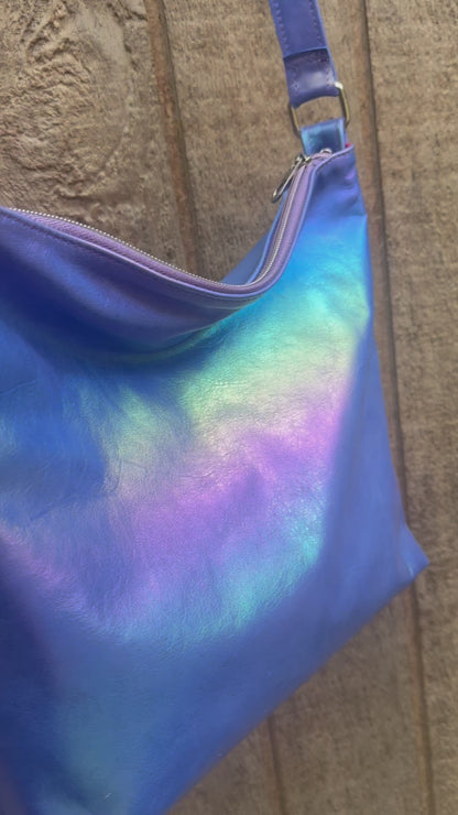 Metallic Rainbow on blue Aurora leather crossbody bag, smooth soft highlights leather bag