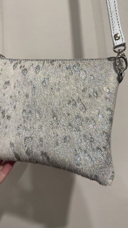 Small Acid wash Iridescent holographic cowhide and metallic silver leather bag IN STOCK