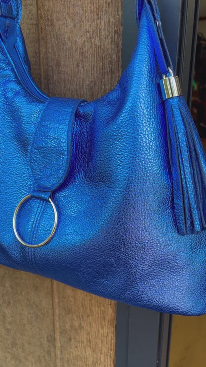 Metallic cobalt blue Italian Hobo Bag