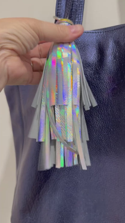 Holographic Iridescent Leather tassel, quality strong hardware, keyring tassel