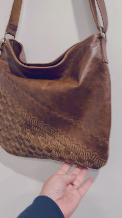 Hand woven vintaged chocolate brown leather Boho crossbody Bag magnet close IN STOCK