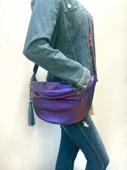 Metallic Purple Leather Sling bag, Italian Leather
