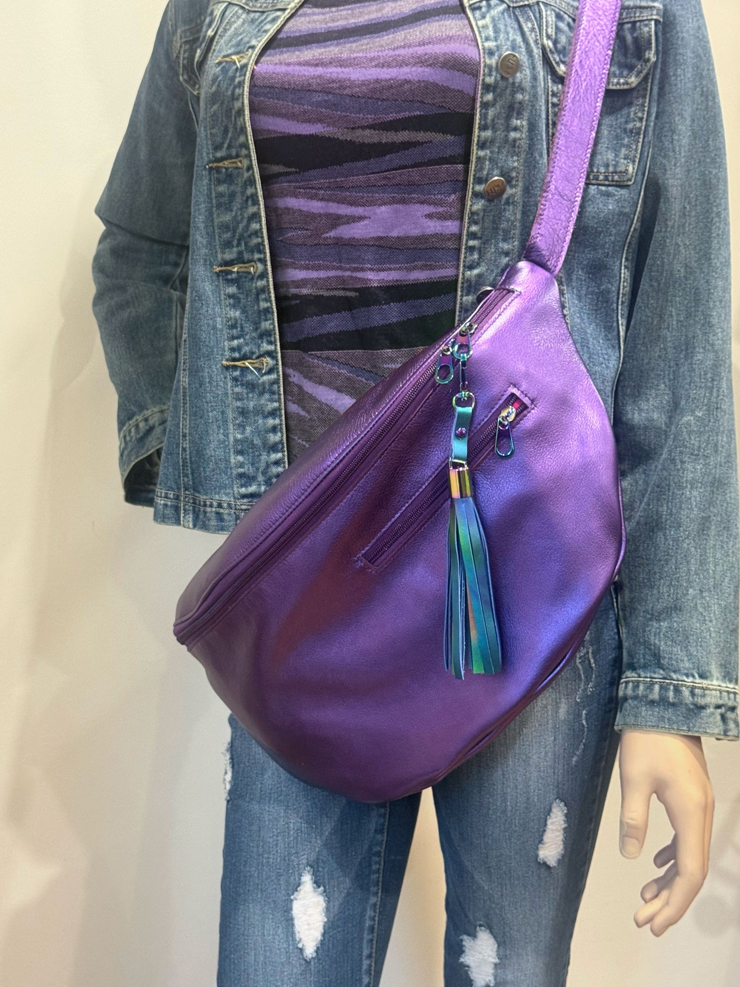 Metallic Purple Leather Sling bag, Italian Leather