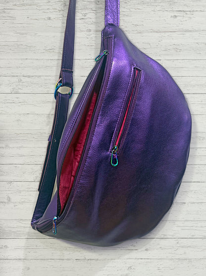 Metallic Purple Leather Sling bag, Italian Leather