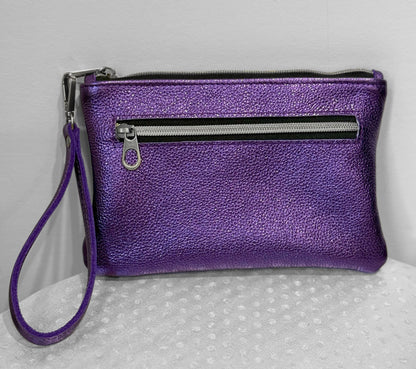 Metallic leather Wristlet, softest leather zipper purse