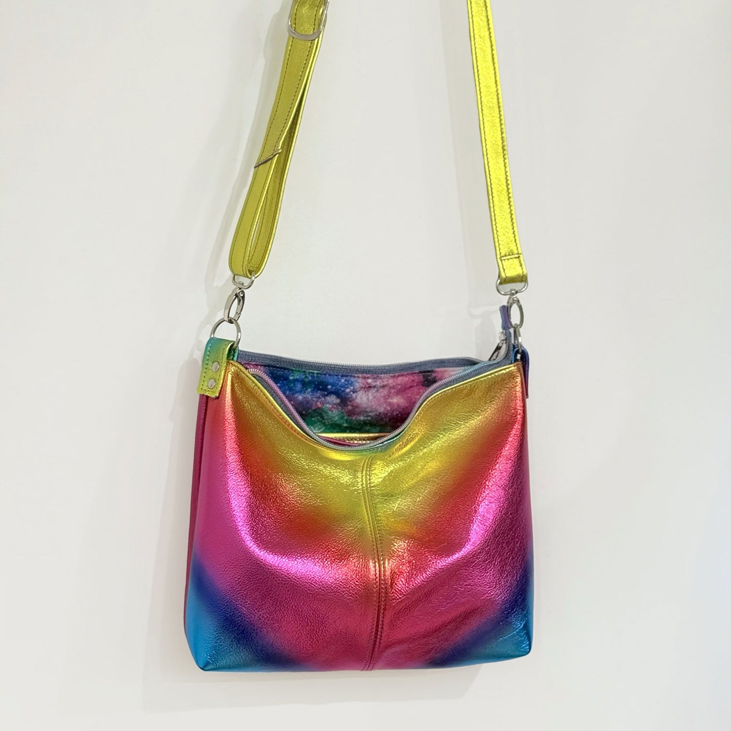 Metallic rainbow crossbody bag, premium soft metallic leather, IN STOCK