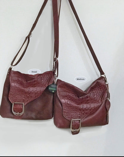 Red Croco Embossed leather Crossbody bag, Italian tooled leather, deep red
