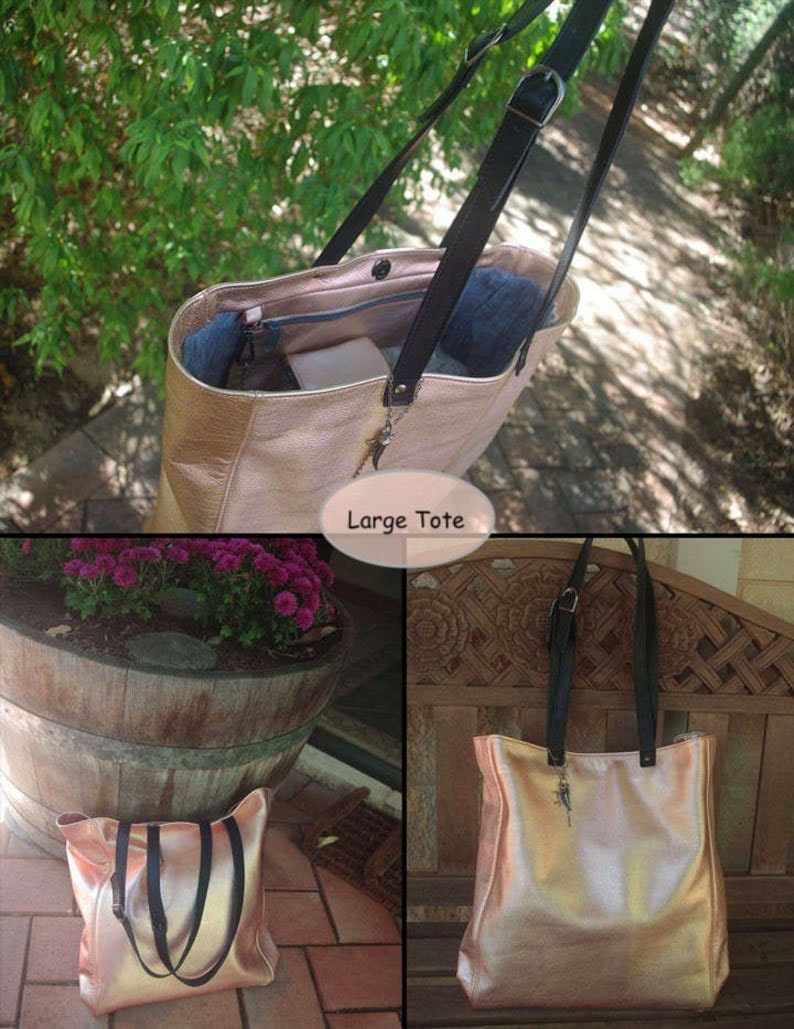 Collage of a rose gold metallic genuine leather tote bag showing inside leather zipper pocket and free zipper purse, with black straps 