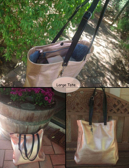 Collage of a rose gold metallic genuine leather tote bag showing inside leather zipper pocket and free zipper purse, with black straps 