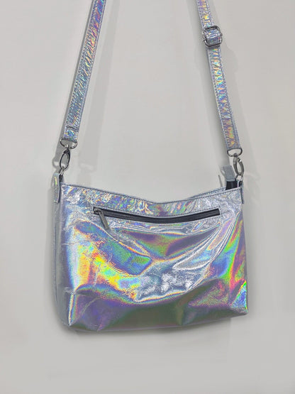 Holographic crossbody bag with visable zipper pocket easy access wide style with removable adjustable strap