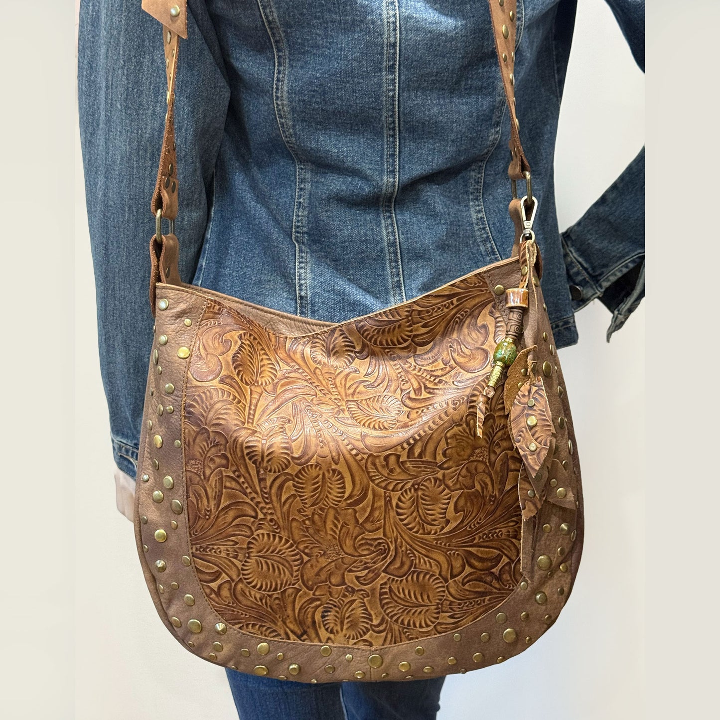 Studded Tooled brown Leather Hobo crossbody or shoulder Bag, 1 IN STOCK