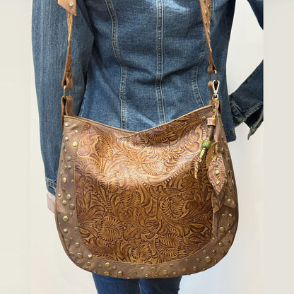 Studded Tooled brown Leather Hobo crossbody or shoulder Bag, 1 IN STOCK