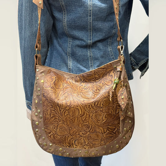 Studded Tooled brown Leather Hobo crossbody or shoulder Bag, 1 IN STOCK