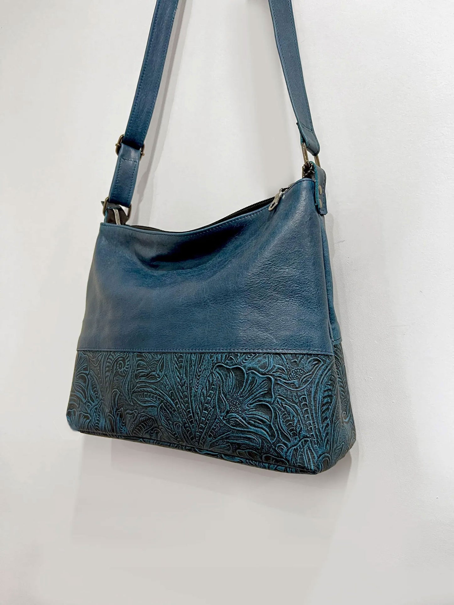 Teal Tooled Western Floral Leather Crossbody