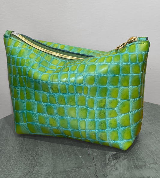 green and aqua Tortoise Embossed Leather Makeup Purse