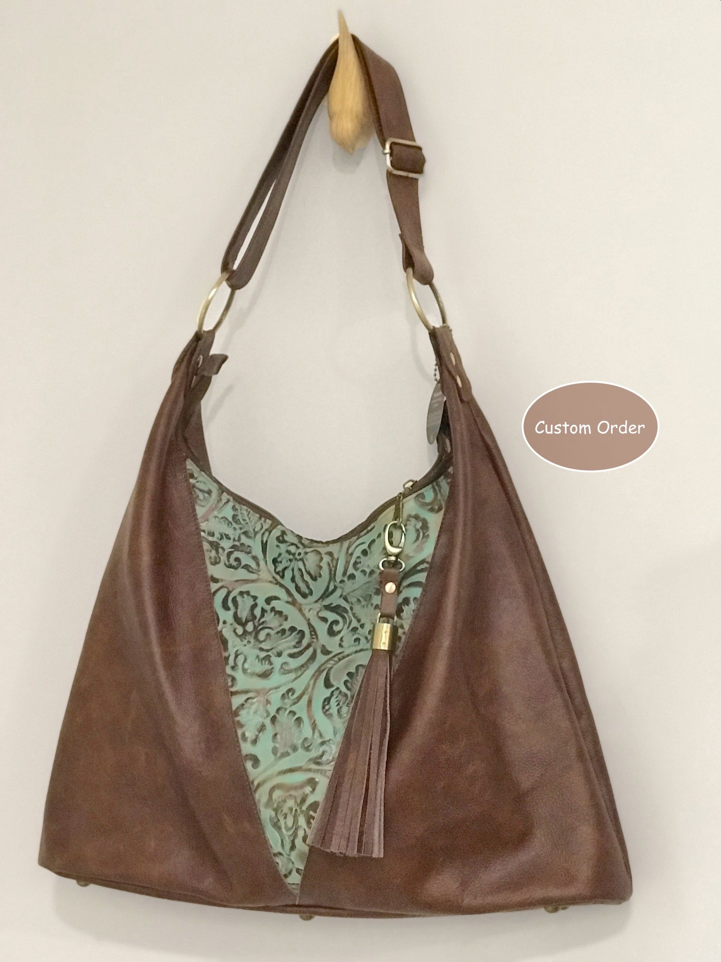 Brown tooled leather Tote bag, Premium Leather, flower and leaf design