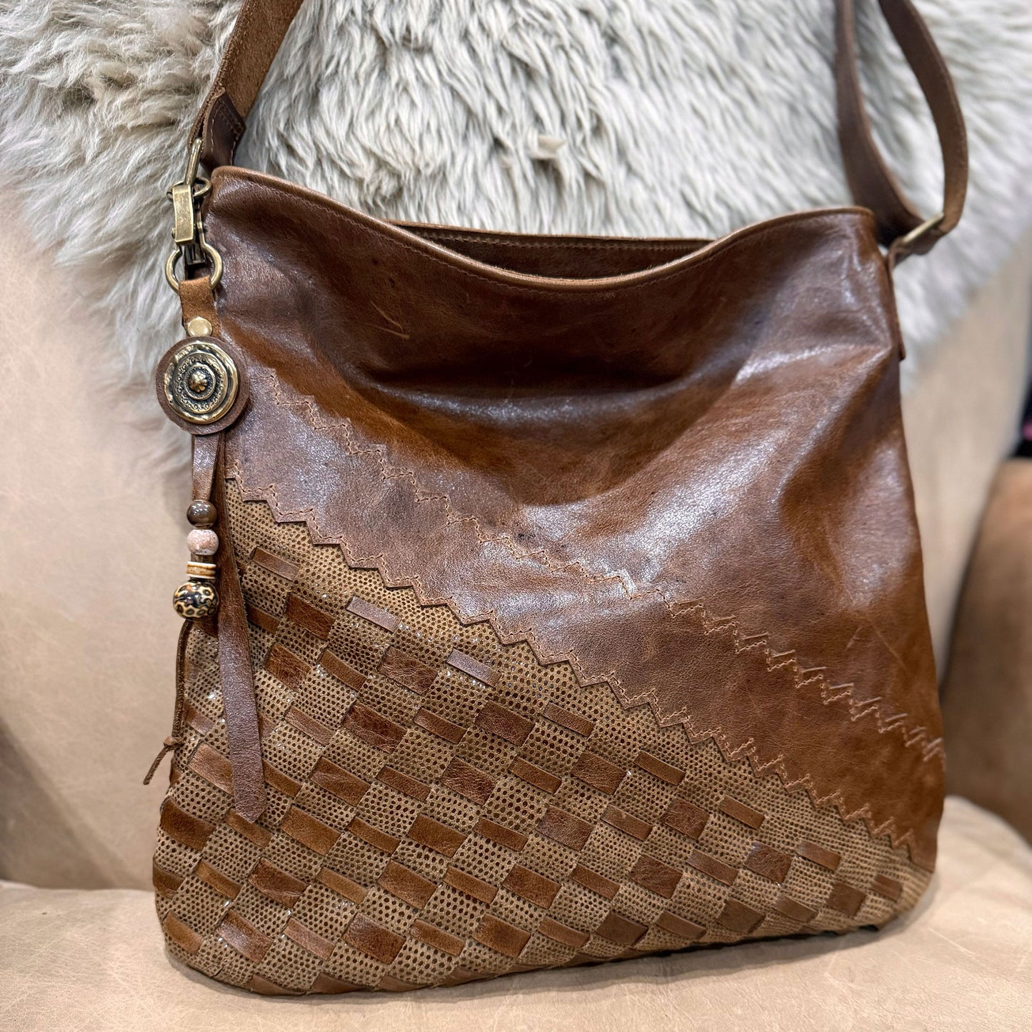 Brown leather handbag hand woven feature vintage brown with vintage gold concho beaded charm