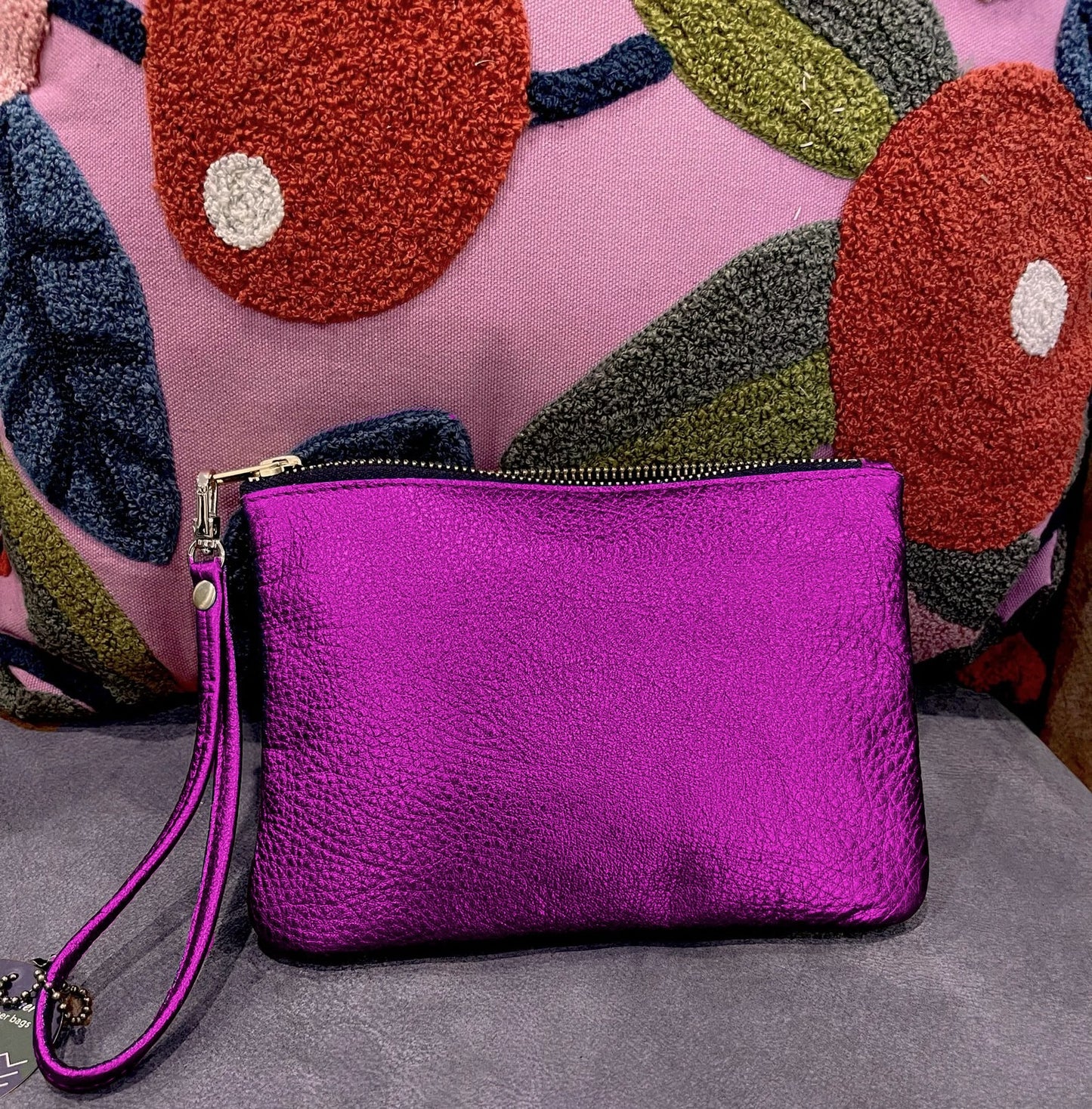 Hot pink or fuchsia metallic leather wristlet or crossbody Bag